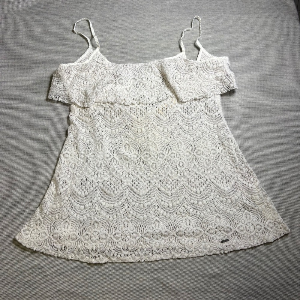 Hollister, Lace Ruffle Cami, XS/S, White, Boho Crochet V-Back Tank, MSRP $35